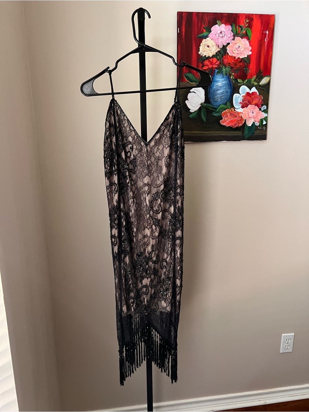Haute hippie flapper vintage Black Lace Fringe Slip Dress heavy beads